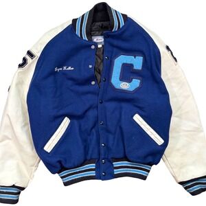 Vintage Neff Calera Eagles Varsity Letterman Jacket XXL Blue Wool Leather Mens